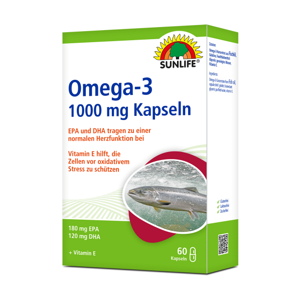 SUNLIFE® Omega 3 Kapseln 1000 mg 60 Stk Fischöl Herzgesundheit Nahrungsergänzung Gehirnfunktion Gesundheitsförderung + 180 mg EPA & 120 mg DHA