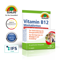 SUNLIFE® Vitamin B12 Minitabletten hochdosiert Nervensystem Herz Gehirnfunktion + Aminosäuren & Vitamin B1 B2 B6