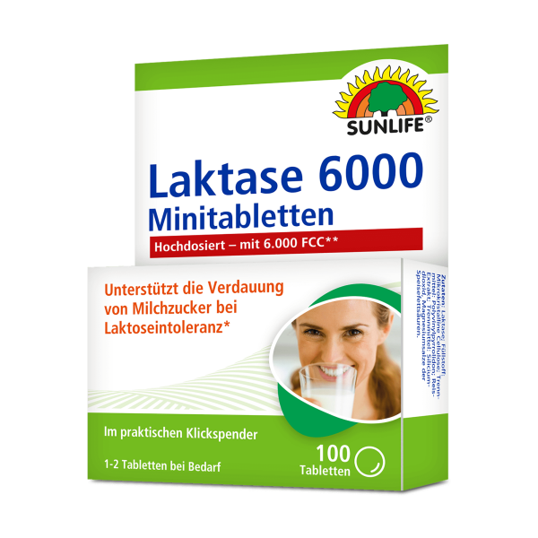 SUNLIFE® Laktase 6000 FCC Minitabletten 100 Stk Laktose-Intoleranz Laktoseabbau Milchzuckerabbau Milchzuckerunverträglichkeit