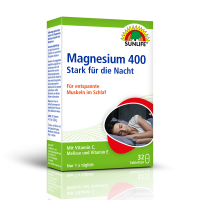 SUNLIFE® Magnesium 400 Nacht Tabletten 32 Stk Muskelkrampf Nervensystem Muskelentspannung Elektrolyte Immunsystem + Vitamin C E & Melisse