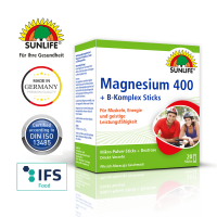 SUNLIFE® Magnesium 400 B-Komplex Sticks Pfirsich-Maracuja Muskeln Knochen Energie + Vitamin C E & Melisse