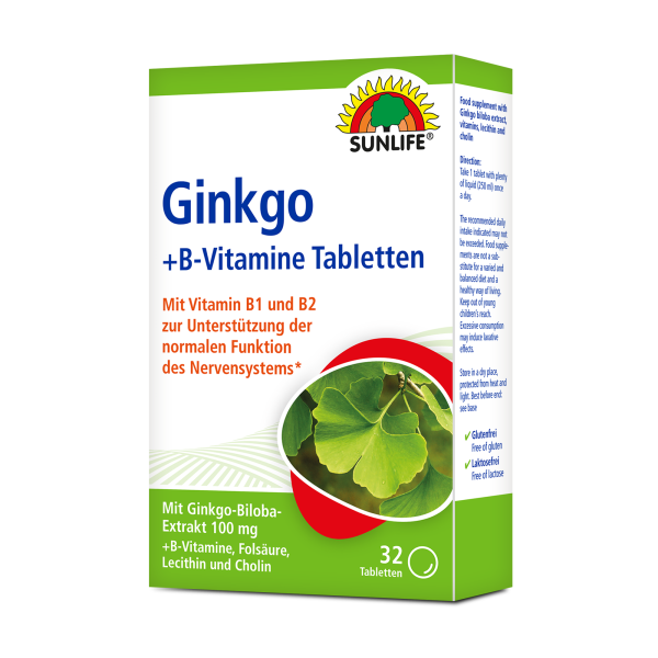 SUNLIFE® Ginkgo Biloba Extrakt100 mg + B-Vitamine Tabletten Nevensystem Stoffwechsel