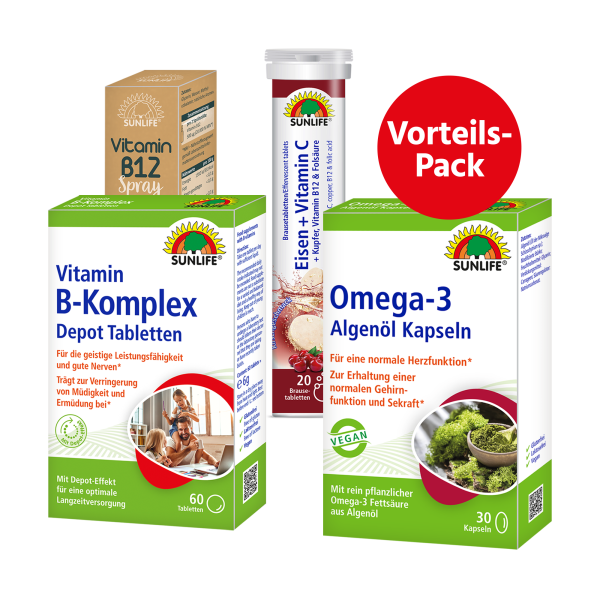 SUNLIFE® Vegan Vorteilspack Ernährung Omega 3 Vitamin B12 Gedächntis Sehkraft