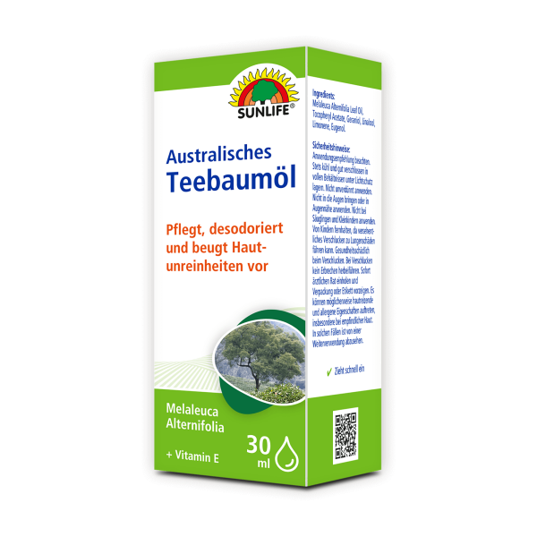 SUNLIFE® Australisches Teebaumöl 30 ml Terpene Pflegeöl Reinigend Natürlich Hautpflege Porenreinigung Pickel + schnelles Einziehen und Vitamin E