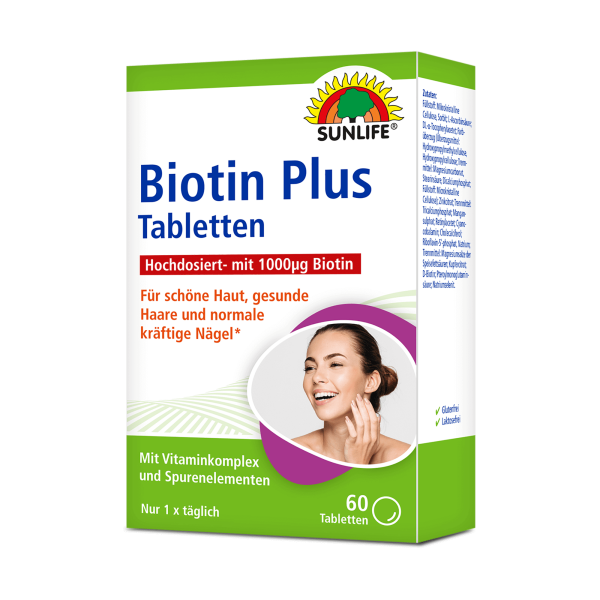 SUNLIFE® Biotin Plus 60 Tabletten hochdosiert für Haut Haare Nägel + Selen Zink Vitamin A B2 B12 C D3 E Mangan Kupfer Komplex