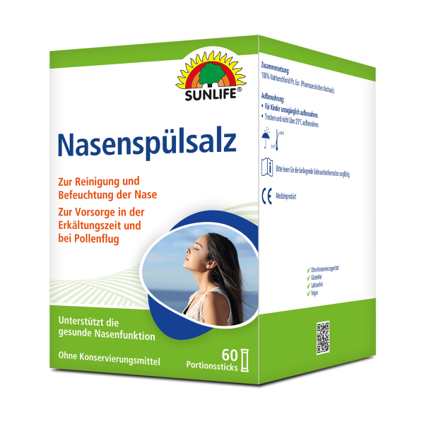 SUNLIFE® Nasenspülsalz 60 Stk zur Nasenreinigung bei Schnupfen Erkältung/Pollen + Befeuchtung mit hochwertiges Natriumchlorid