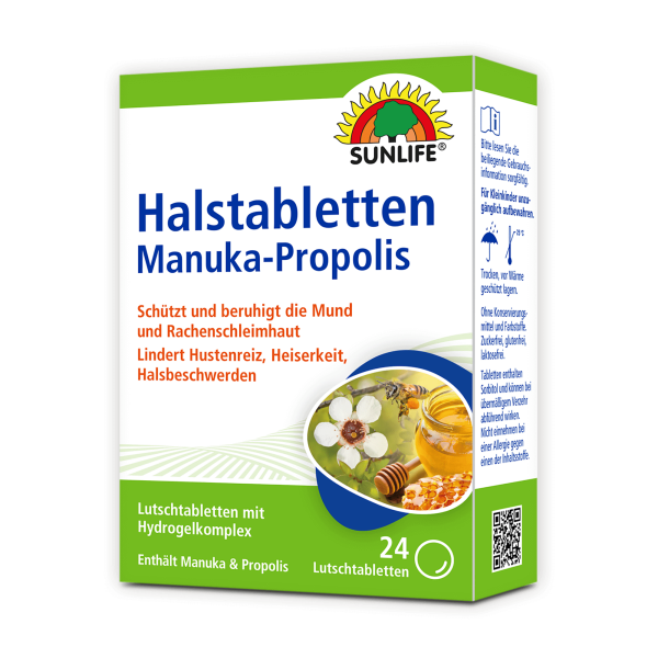 SUNLIFE® Halstabletten Manuka-Propolis 24 Stk Hustenreiz Heiserkeit Kratzen Hals Mund Schleimhaut