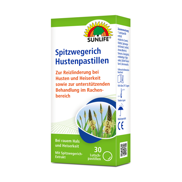 SUNLIFE® Spitzwegerich Hustenpastillen 30 Stk Halsschmerzen Hustenreiz Erkältung Heiserkeit Schluckbeschwerden Schleimlösend Rachenprobleme + Heilkraut